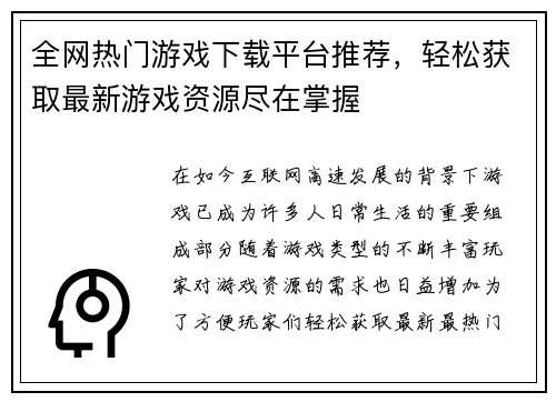 全网热门游戏下载平台推荐，轻松获取最新游戏资源尽在掌握